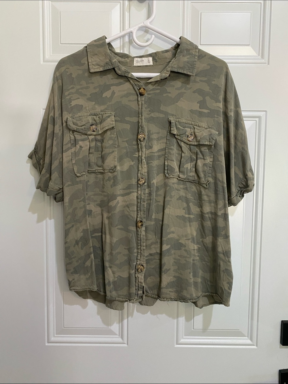 Maurices Olive Camo Short-Sleeve Button Front Shirt
